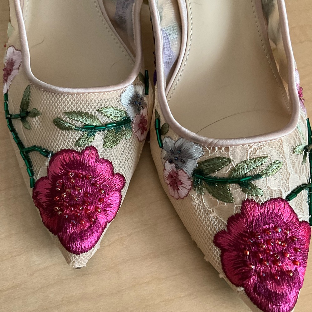 Embroidered Floral Slingback Heels in Pink & Blue - Picture 7 of 7